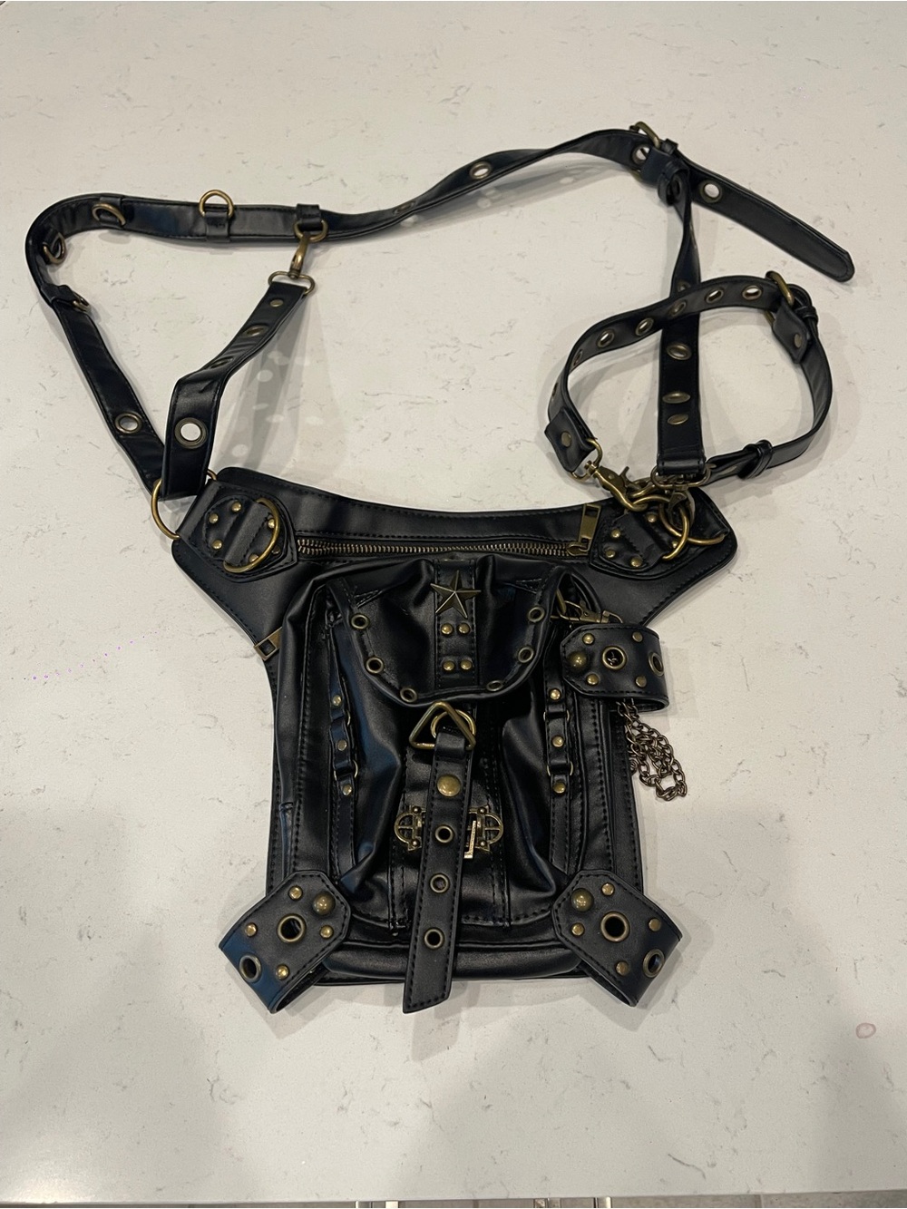 Steampunk Waist Bag Fanny Pack Thigh Holster Purse Gothic Leather Black